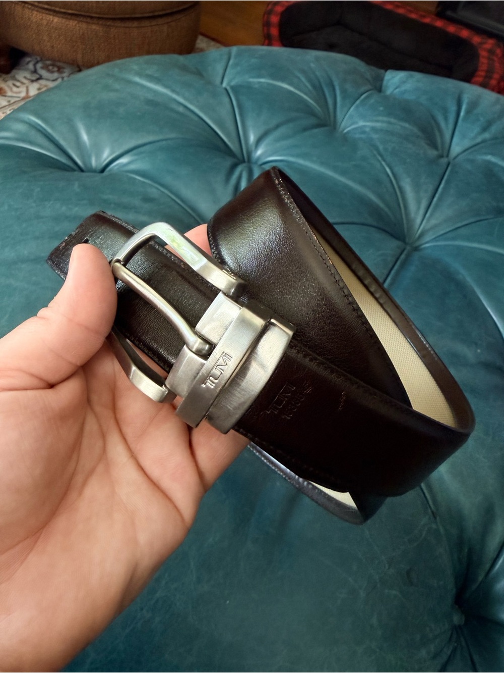 Tumi Dark Brown Leather Belt with Brushed Silver Buckle-reversible. 43” - Picture 3 of 5
